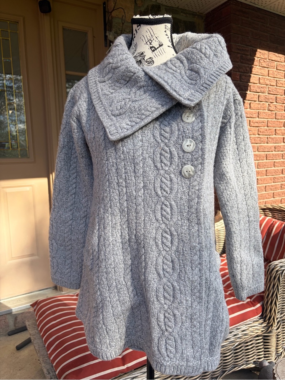 Aran Mor Irish Size S Chunky Cable-Knit Front Coatigan - Light Grey Merino Wool